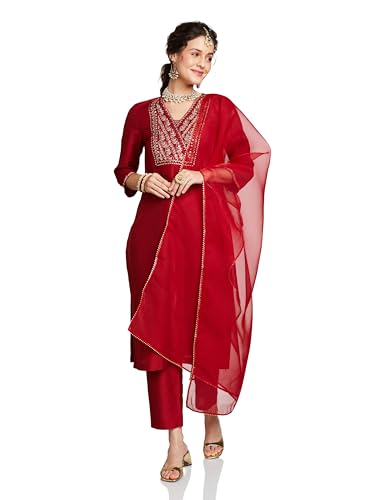 Amazon Brand - Myx Women's Embroidered Kurta Set with Organza Dupatta (AW25-MYX-ZIL-KS-04_Red_4XL)