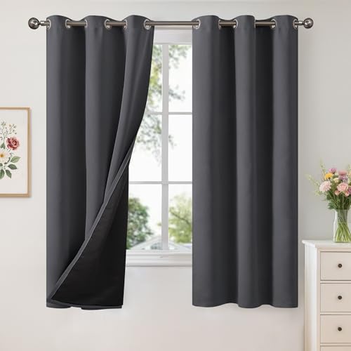 Image of YoungsTex 100% Blackout Curtains 63 Inch Length, Grommet Thermal Insulated Drapes Full Room Darkening Privacy Thick Blinds with Liner for Bedroom, Dark Grey, 2 Panels, 38 X 63 Inch