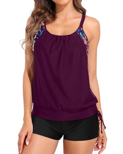 Image of Holipick Blouson Tankini Swimsuits for Women - Two Piece Tummy Control Bathing Suit with Shorts Modest Swimwear
