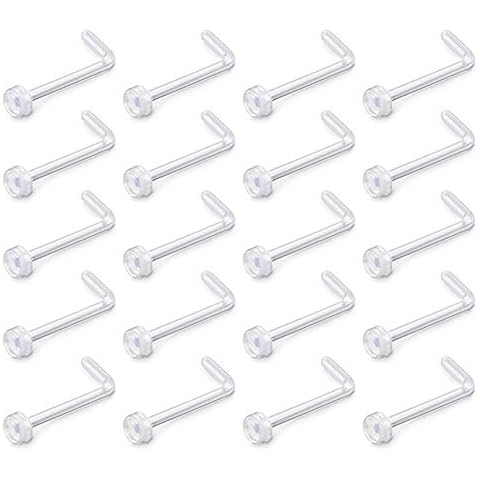 D.Bella 18g Clear Nose Ring Retainer Bioflex L Shape Nose Rings Studs Piercing Jewelry Flat Top Cover