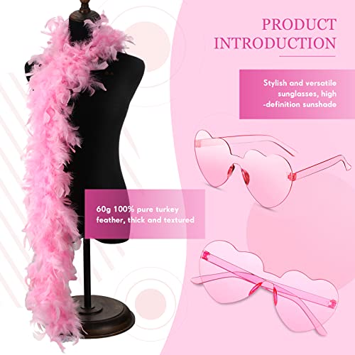 Crowye 12 Pcs Pink Feather Boas 6.6Ft With Rimless Heart Sunglasses Feather Boa For Bachelorette Party Dancing Wedding Flapper Feather Boas Transparent Pink Glasses For Carnival Cosplay Accessories #TOP2