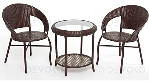 DEVOKO Outdoor 3-piece Patio HDPE UV-Resistant & Breathable Wicker with Glass Top Storage Table Shelf Table for Porch, Garden, Balcony (Dark Brown)