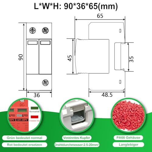CNLonQcom DC Überspannungsschutz PV Anlage DC1000V 40kA 2P T2 Überspannungsableiter Für Solar-Photovoltaik 35mm DIN-Schienenmontage
