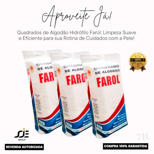 Kit de Algodão Quadrado Dupla Face Farol – 3 Pacotes com 70 Discos Cada, Total de 210 Unidades, 120