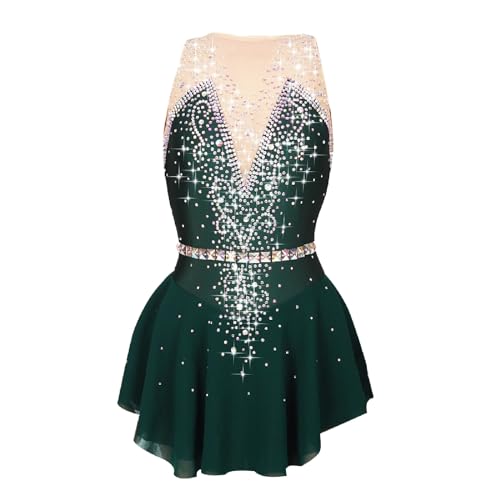 Kmeruoys Girls' Figure Skating Clothing Sparkling Ice Skating Dress Stage Performance Costume (Color : Dark Green, Size : 110CM)