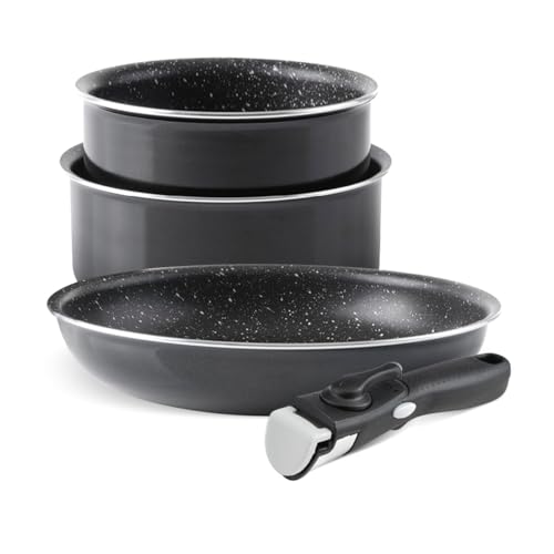 QDESIGN - Juego de 2 cacerolas y cacerolas de aluminio antiadherente sin PFOA con mango extraíble, para todo tipo de fuegos, incluida inducción, apto para lavavajillas y nevera, color negro, apilables