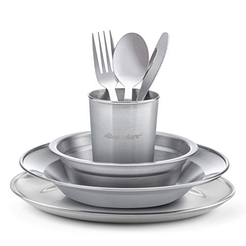 Unique Complete Messware Kit Polished Stainless Steel Dishes Set| Tableware| Dinnerware| Camping| Includes - Cups | Plates| Bowls| Cutlery| Comes In Mesh Bags (Single Person Set + 9" Flat Plate) #TOP1