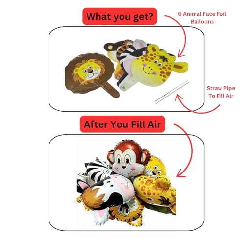 Image of KITTER(Pack of 6)Jungle Theme Balloons Set,Jungle Theme Foil Balloons For Decoration,Animal Theme Foil Balloon Animal Face Foil Balloon for Birthday,Animals Theme Birthday Decorations,Multicolor