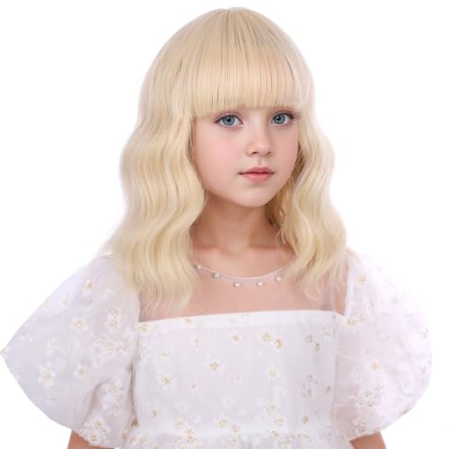 Image of Blonde Wig Short Light Blonde Wavy Curly Wigs with Air Bangs Heat Resistant Synthetic Wigs with Cap (Small Size)