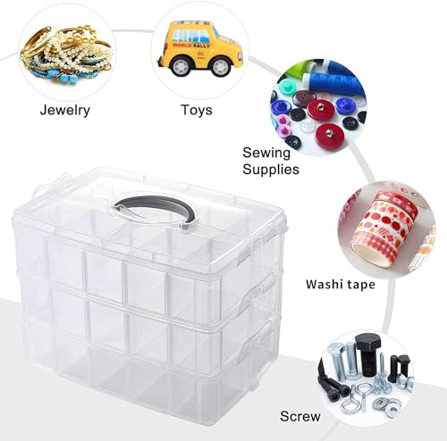 Image of RECLUSE Transparent 3-layer Stackable Craft Storage Containers, Plastic Craft Box Organizer With 30 Adjustable Compartments &Handles, Portable Beads Organizers for Arts Crafts, Toy,Jewellery,tools