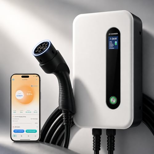 Borne de Recharge 7KW avec APP Contôle, Type 2 Chargeur Véhicule Électrique avec écran LCD[IEC 62196-2, 8-32A, 6+1m], Monophasé 32A Wallbox 7.2kW...