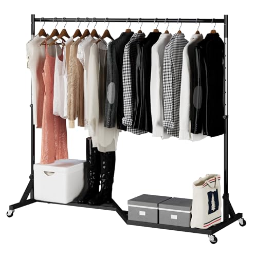 Garment Rack with Wheels, Heavy-Duty Adjustable Coat Rack with Bottom Shelf, Durable Metal Clothing Rack, Height Adjustable, with Lockable Casters, for Home, Office, and Retail Display, Black
