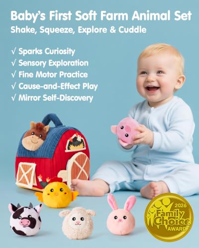 Image of hahaland Baby Toys 6-12 Months - Surprise Barn Stuffed Farm Animals Plush | 6 Month Old Montessori Toys with Rattle Crinkle Sound, Texures, Mirror, Infant Sensory Balls 7 8 9 Month Old Baby Boy Gifts