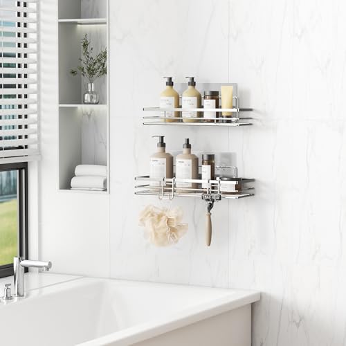 pickpiff Duschablage Ohne Bohren SUS304 Edelstahl 2 Stück Duschregal mit 2 Haken Badregal Bathroom Organizer Shampoo Halterung Für Dusche Selbstklebend