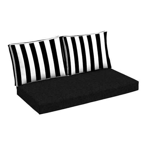Image of Arden Outdoor Loveseat Cushion Set, 48 x 24, Water Repellent, Fade Resistant, Cushion Set for Couch, Bench, and Swing, Black Cabana Stripe