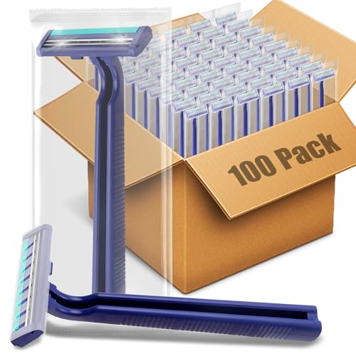 MAGDIY 使い捨てカミソリ バルク 男性用 100個パック ツインブレードサプライ メンズ使い捨てカミソリ ホームレス用品 個別包装シェービング 旅行 安全 髭剃り ホテル キャンプ 入浴用 (ブルー)