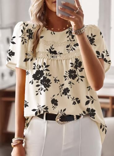 Image of Falechay Womens Summer Tops Flowy Boho Shirts Dressy Casual Short Sleeve | Crewneck Loose Fit Blouses, Hide Belly Fat, Lace Hem Ladies Tunic, Babydoll Crochet Clothes, Swiss Dot, Work, Vintage, XS-6XL