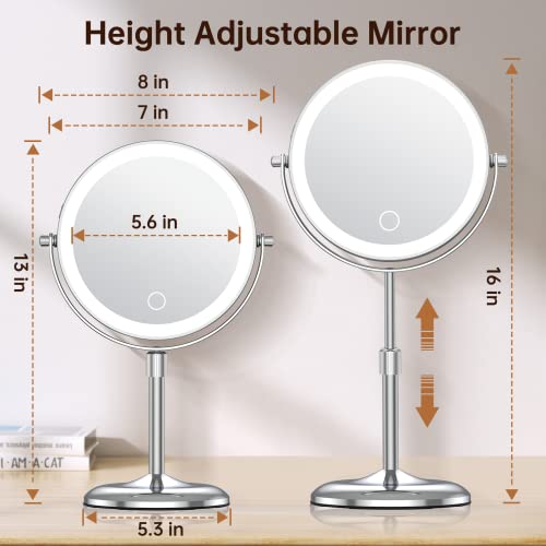 Anfauny Height Adjustable Makeup Mirror With Lights, 7" Double Sided 1X 10X Magnification Lighted Makeup Mirror, 3 Color Led Dimmable, Rechargeable Cordless Tabletop Light Up Mirror, Women Gift #TOP2