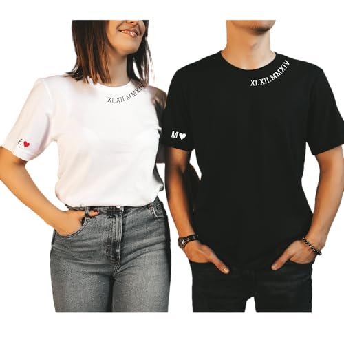Personalized Couple Shirts Matching Couple T-Shirts Custom Roman Numeral Shirt Anniversary Wedding Date Initial Tees for Valentines Day