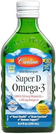 Carlson - Super D Omega-3, Wild Caught Norwegian Arctic Cod Liver Oil, 2000 IU (50 mcg) Vitamin D3, 1100 mg Omega-3s, Sustainably Sourced Nordic Fish Oil Liquid, Lemon, 250 mL (8.4 Fl Oz)