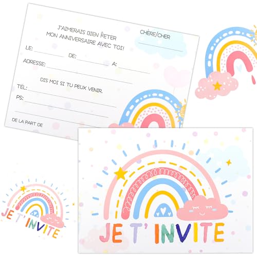 Bomtop 12 Cartes d'invitation pour les anniversaires d'enfants, Carte Anniversaire Colorée, Invitations de fête, Carte Invitation Anniversaire Fille,...