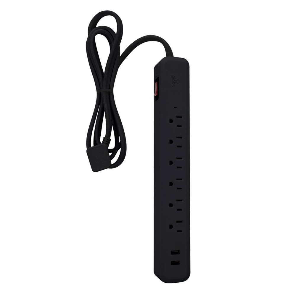 GLOBE Designer Series 6ft 6-Outlet USB Surge Protector Power Strip, 2x USB Ports (5V/3.1A), Surge Protector, Right Angle Plug, Circuit Breaker Switch, Black Finish,78439
