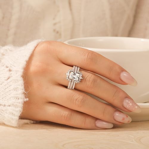 Jeulia 2PCS Vintage Wedding Ring Guard Enhancers Sterling Silver Radiant Irregular Halo Engagement Ring Set for Women with Gift Box4