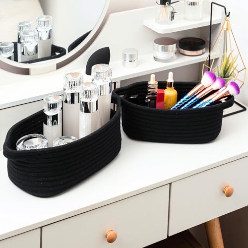Image of MINTWOOD Design 5-Piece Storage Baskets for Organizing, Small Woven Rope Baskets for Storage and Shelves, Dog Cat Toy Basket Box, Pantry Bathroom Organization Bins, Nightstand Organizer, Full Black