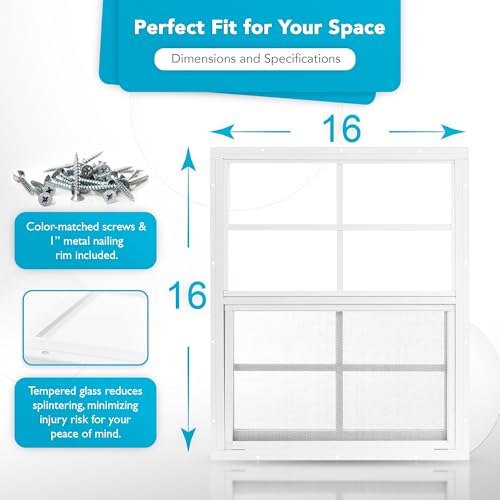 PRO FLEX Shed Window 16\" x 16\" - Ultra Thick White Aluminum Flush Mount with Tempered Glass and Screen - Shed Windows with Vertical Slider and Screws for Chicken Coop, Sheds, Barns, Playhouses