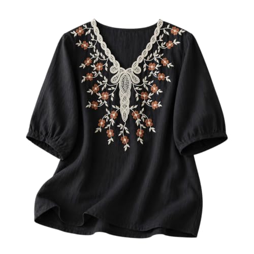 Image of RIEKA Womens Embroidered Korean Style Tunic Top, Floral Thread Work | V Neck | Puff Sleeves | Relaxed Fit Casual | Fusion Rayon Top for Every Day Styling