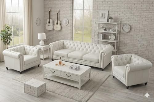 Image of Modern Classic Design Leatherette Luxury Chester Sofa Set with Button Tufted, Sofa for Living Room Home, Office and Lobby (White, 3+1+1=5 Seater Sofa)