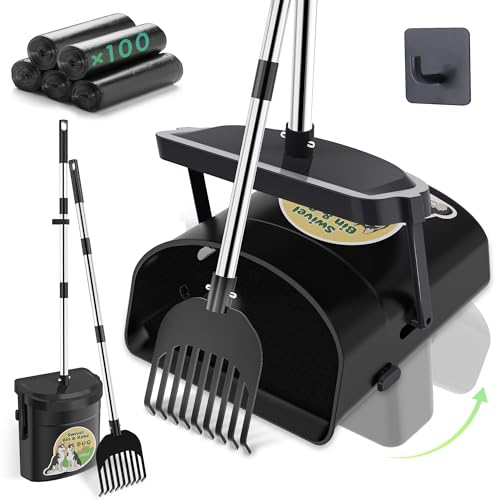 Image of UPSKY 33.4 inch Dog Pooper Scooper Swivel Bin & Rake Kit with 100 Waste Bags | Long Handle Heavy Duty Pet Poop, Stainless Steel, Easy to Install, Odor-proof Lid for All Dog Sizes-Yard /Lawn /Outdoor Use
