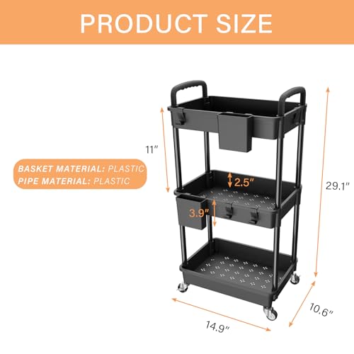 Image of 3 Tier Rolling Utility Cart with Handle,REBECAT Utility Cart Made of Multifunctional Storage Organizer Tool for Kitchen,Bathroom,Living Room,Office(Black)