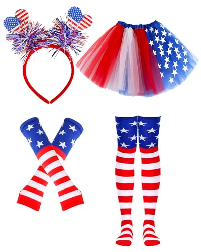 Domkier Ensemble d'accessoires de costume du 4 juillet pour femme, jupe tutu pour fête de l'indépendance, costumes américains