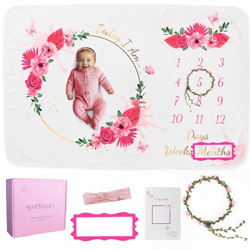 Spurtsmart Baby Girl Floral Milestone Blanket, Personalized Month to Month