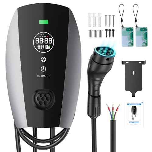 Evjuicion Wallbox 7,4 kW Monofásico Estación de Carga de Coche Eléctrico 6A-32A, 0-12H con Pantalla Digital Grande Rápida Cargador Coche Eléctricos Tipo 2 con Cable Carga 5m para Interior/Exterior