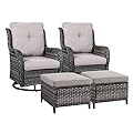 Rilyson Wicker Patio Furniture Set - 4 Piece Rattan Outdoor Sectional Conversation Sets with 2 Swivel Rocking Chairs,2 Ottomans for Porch Deck Garden(Mixed Grey/Grey)