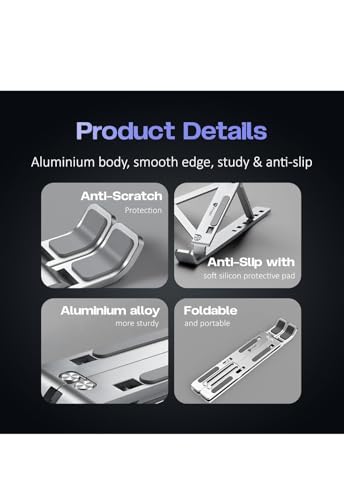 Image of Adjustable Aluminum Laptop Stand, 6 Angles Ergonomic Foldable Portable Riser Holder Compatible with MacBook, HP, Dell, Lenovo, Grey