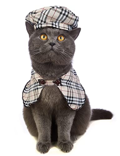 Impoosy Cat Detective Halloween Costume Cute Plaid Pet Clothes With Classic Hat Kitten Cosplay Shirts Cope For Cats Outfits (S) #TOP1