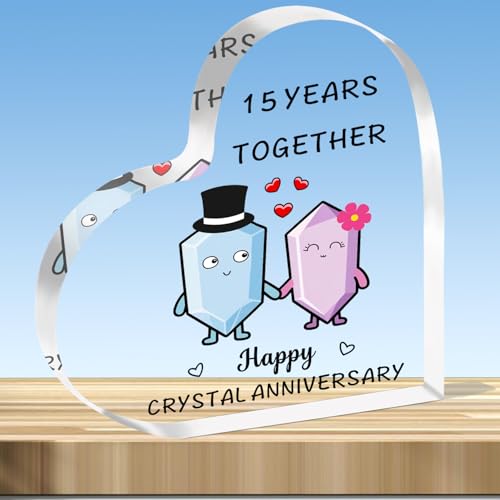 JMIMO 15th Wedding Anniversary Plaque Gifts 15 Years Together - Happy Crystal Anniversary Heart Shaped Acrylic Plaque for Couple Wife Husband