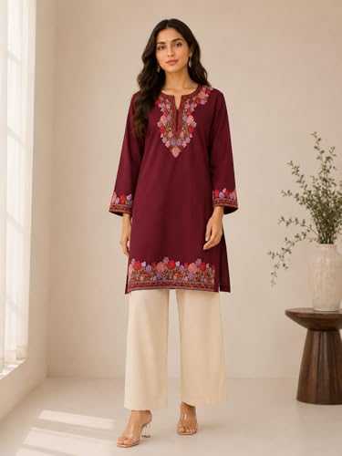 Image of HAUTEMODA Women Cotton Floral Embroidered Short Kurti, Tunic, Three-Fourth Sleeves, White