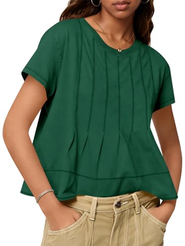 Tankaneo Womens Babydoll Tops Short Sleeve Peplum Pleated Summer T-Shirts Casual Loose Fit Flowy Tshirts 2025 Green