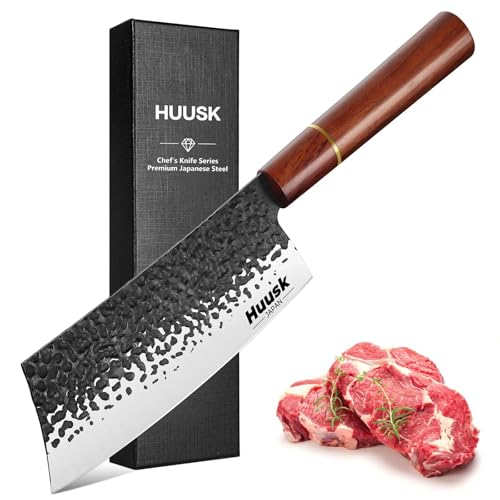 Image of Huusk 7 inch Japanese Meat Cleaver Knife, Sharp Butcher Knife for Meat Cutting | Hand Forged Chef Knife High Carbon Steel Sharp Kitchen Knives for Chopping Vegetable Ideal Gift for Men and Women