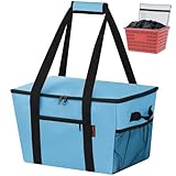 [WOOOOF WOOF] 保冷バッグ 大容量 5層断熱 エコバッグ 底板付き 買い物バッグ 巾着タイプ 買い物袋 蓋付き ファスナー付き ショッピングバッグ 取っ手付き 折りたたみ 持ち運び便利 繰り返し使える(ブルー)