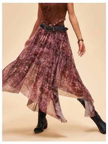Women's Floral Asymmetrical Midi Skirt Boho Ruffle Mesh Elastic High Waist A Line Flowy Skirt Vintage Pirate Skirt4
