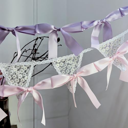 Image of Bow Knot Garland | 6ft Linking Satin Bow Banner with 3ft Extend Ribbon for Coquette Bachelorette Party, Baby Shower,Bridal Shower Wedding Baby Room Bed Decor (Violet, 6ft)