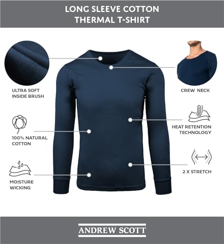 Andrew Scott Men's 3 Pack - Long Sleeve Thermal Baselayer Crew Neck Shirt | 100% Cotton Flat Knit4