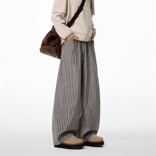 Mens Striped Wide Leg Pants Unisex Elastic Waistband Drawstring Casual Trousers3