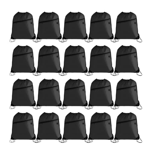 20PCS Drawstring Bag Sports Gym String Backpack Bulk Cinch Bag Sackpack with 2 layer Zip pocket for Yoga Gym Traveling (20, black)