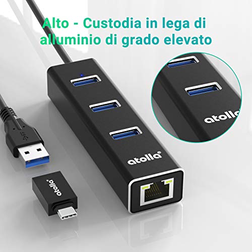 Adattatore USB 3.0 Ethernet,  Hub USB 3.0-3 Porte USB SuperSpeed Trasmissione Dati e Adattatore Ethernet 1000 Mbps Gigabit Lan RJ45, Supporta MacBook, iMac, XPS, Surface, Notebook - Hub USB - Immagine 3
